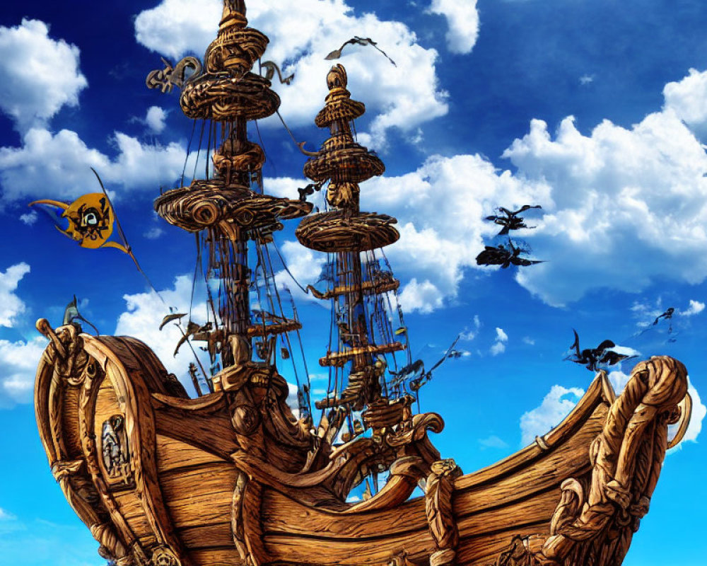 Ornate wooden flying ship with smaller aircraft in blue sky