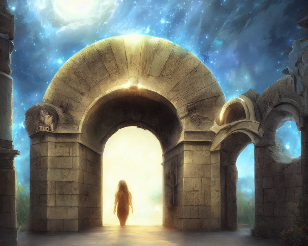 Figure in front of ancient archway under starry sky and glowing orbs