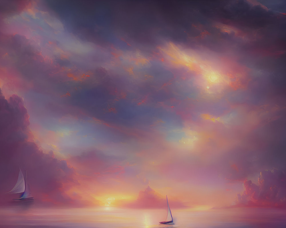 Sailboats on serene sea under vibrant sunset sky