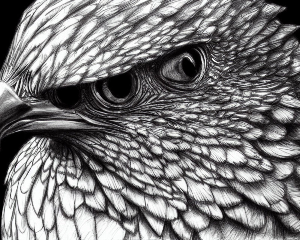 Detailed pencil sketch of eagle's head: intricate feather texture, intense gaze.