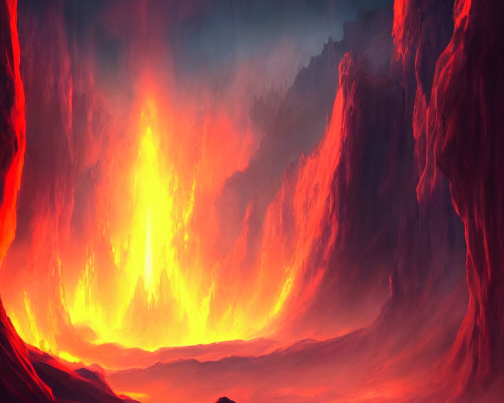 Vivid Illustration: Fiery Volcanic Landscape with Molten Lava Flow