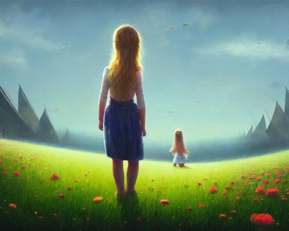 Blonde girl in vibrant meadow with pyramid shapes and flying birds