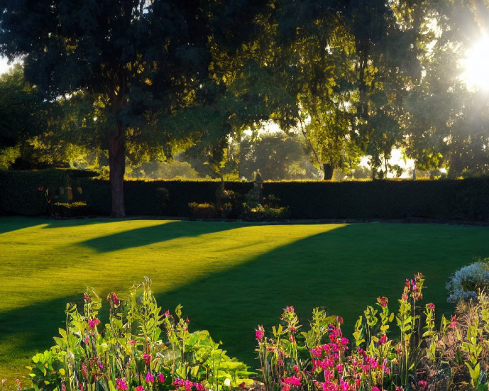 Sunlit Garden with Colorful Flowers and Trimmed Hedges