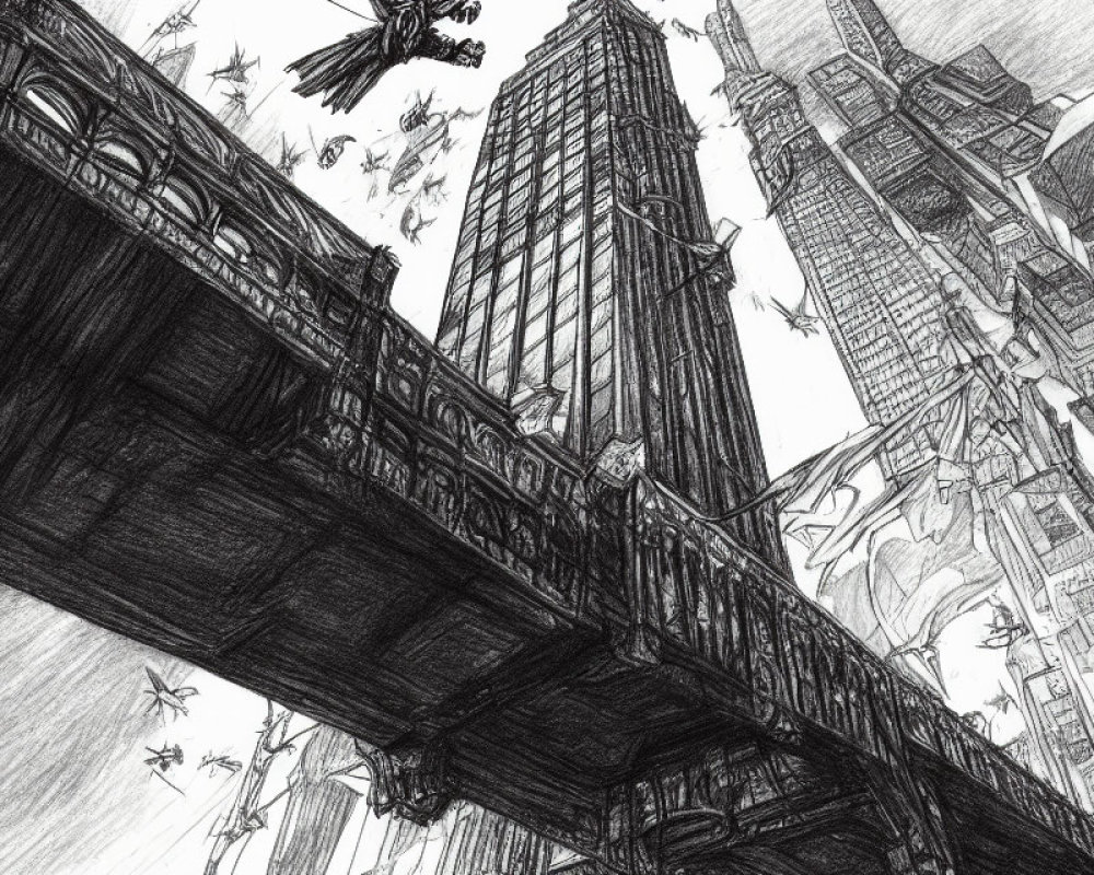 Detailed pencil sketch of a bustling cityscape with a prominent bridge and skyscraper.