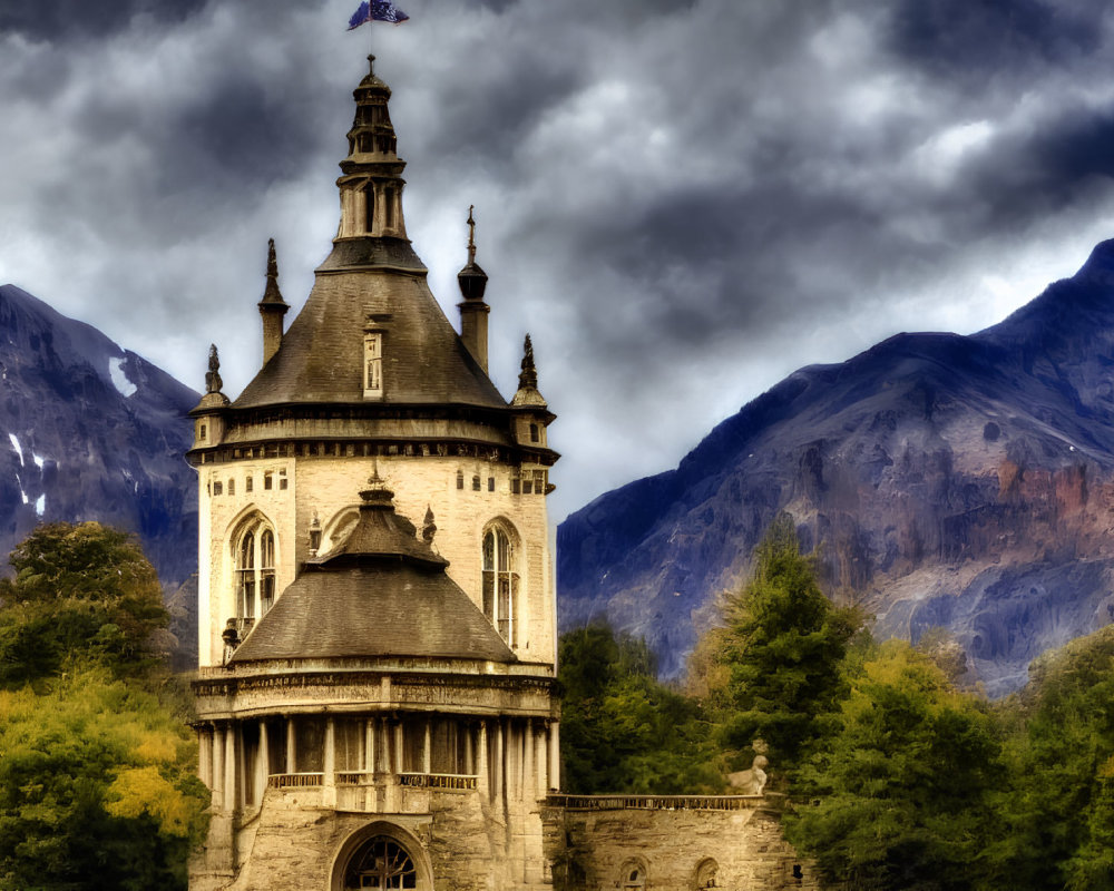 Historic stone tower with spire against dramatic mountain backdrop