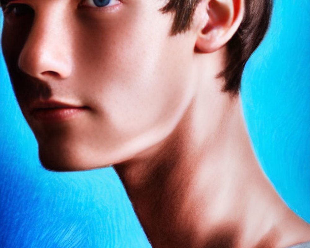 Young man with side profile, blue background, brown hair, blue eyes