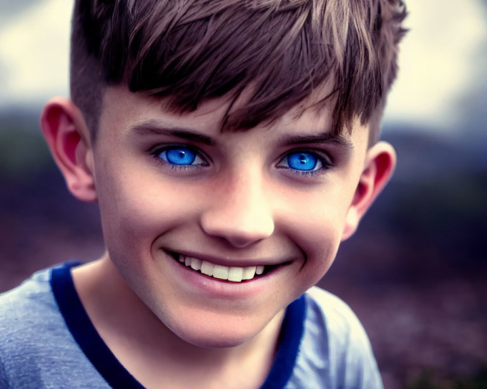 Young boy with blue eyes and messy hair in casual attire against nature backdrop