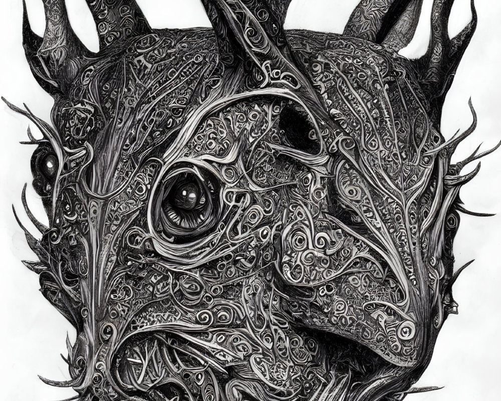 Detailed Monochrome Dragon Drawing with Intricate Scales and Patterns