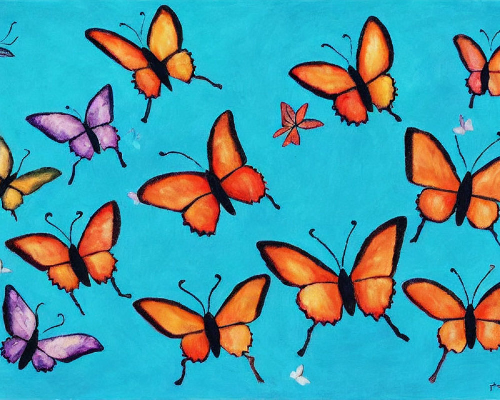 Vibrant Butterfly Painting in Orange, Purple, and Pink on Blue Background