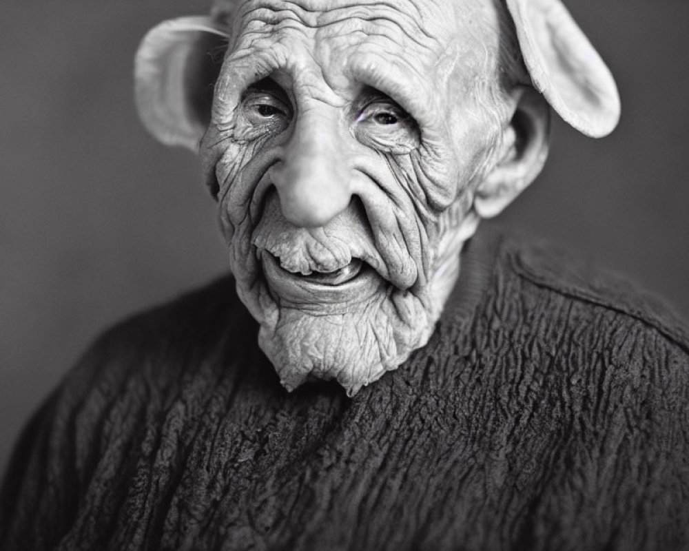 Elderly man portrait: expressive eyes, wrinkles, knit sweater