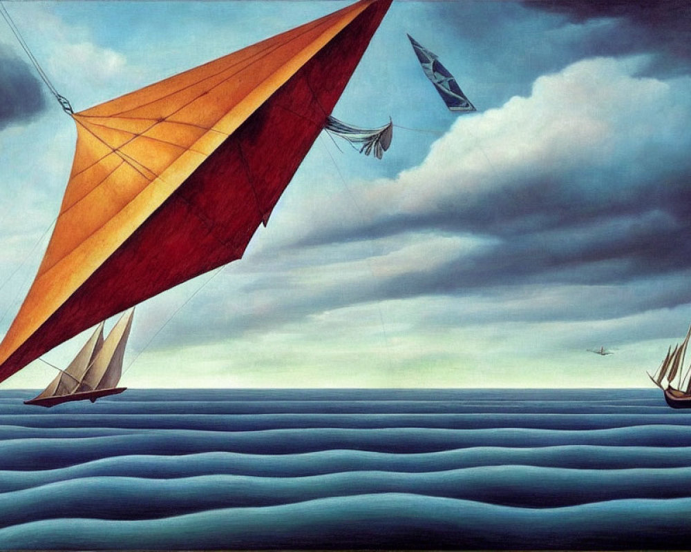 Surreal painting of ships with oversized sails on wavy seas