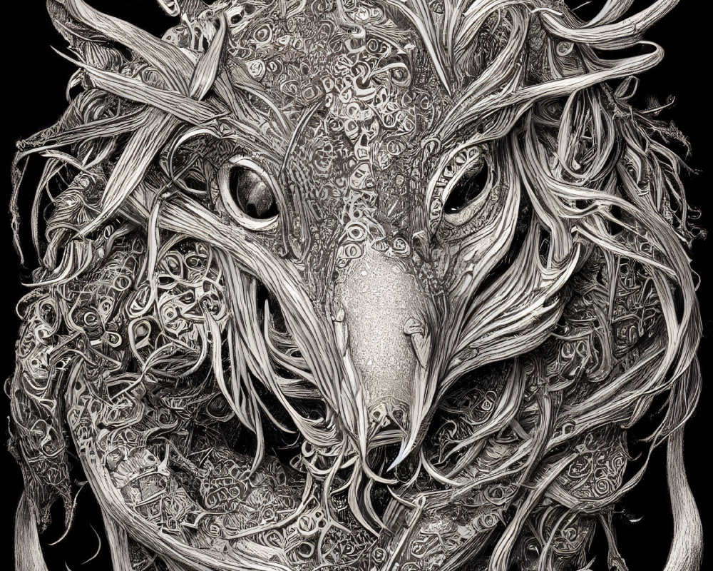 Detailed Black and White Illustration of Fantastical Creature with Ornate Antlers