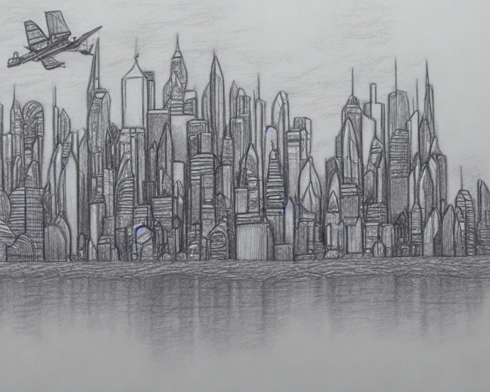 Detailed pencil sketch of futuristic city skyline with varied skyscrapers and airplane above water.