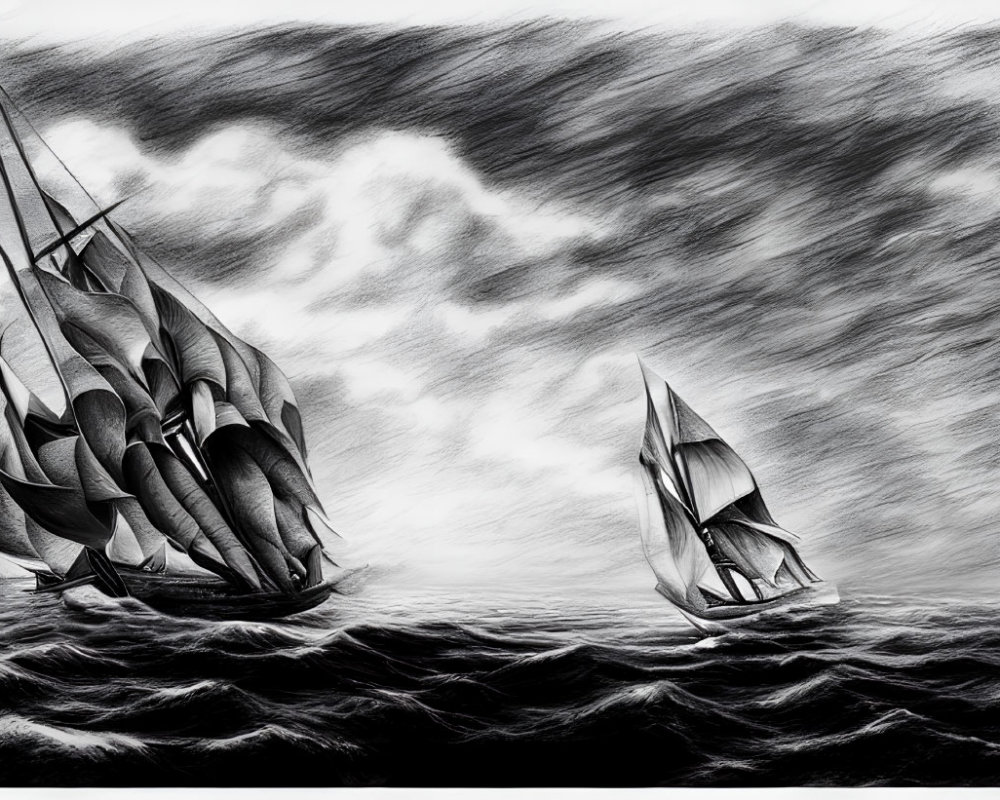 Monochrome sketch of two sailing ships on rough sea with cloudy sky