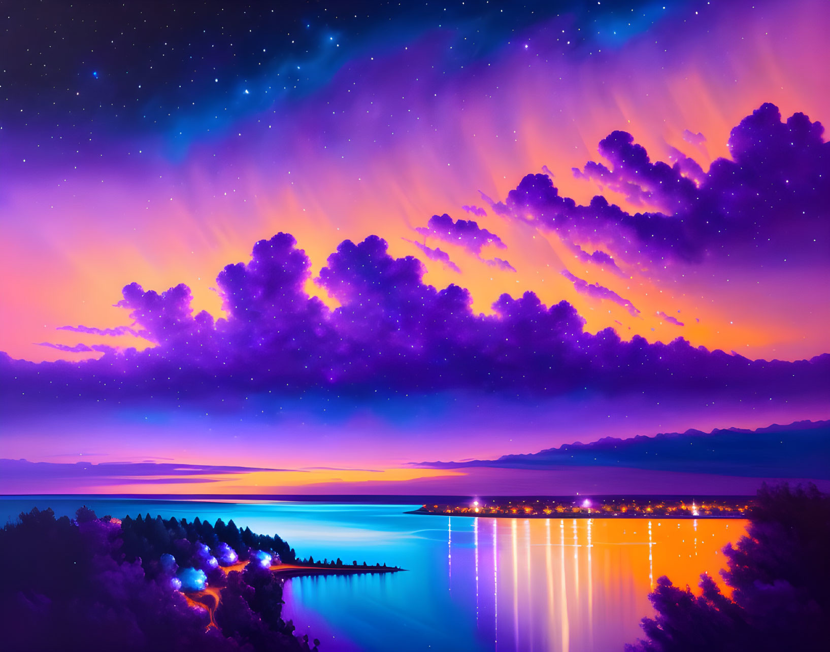 Colorful digital artwork: Sunset with purple and orange hues, calm lake, starry sky.