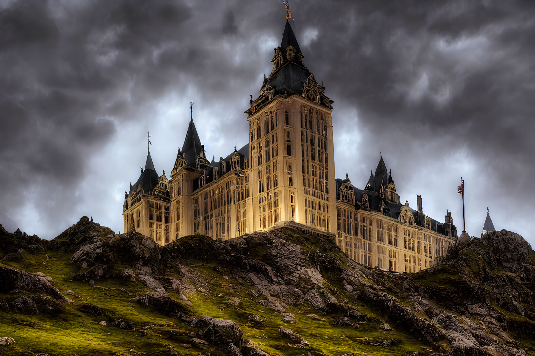 Majestic Gothic-style castle on rugged hill under dramatic sky