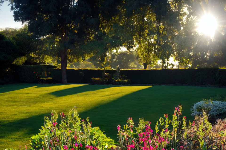 Sunlit Garden with Colorful Flowers and Trimmed Hedges