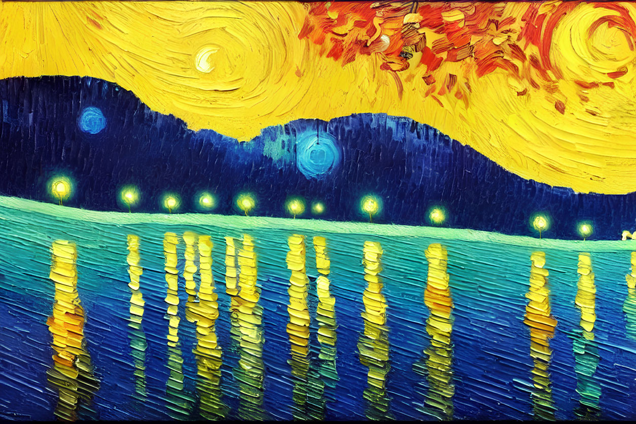 Colorful painting of swirling yellow and blue sky over dark hills and cypress trees at night