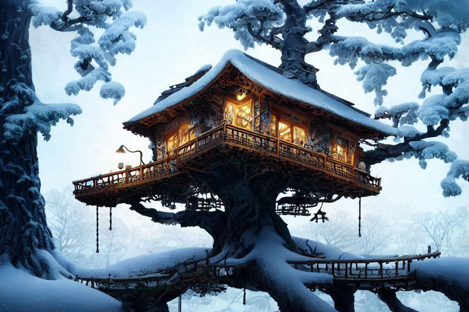 Snow-covered treehouse glowing in winter dusk