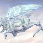 Ethereal horses galloping in pastel sky landscape