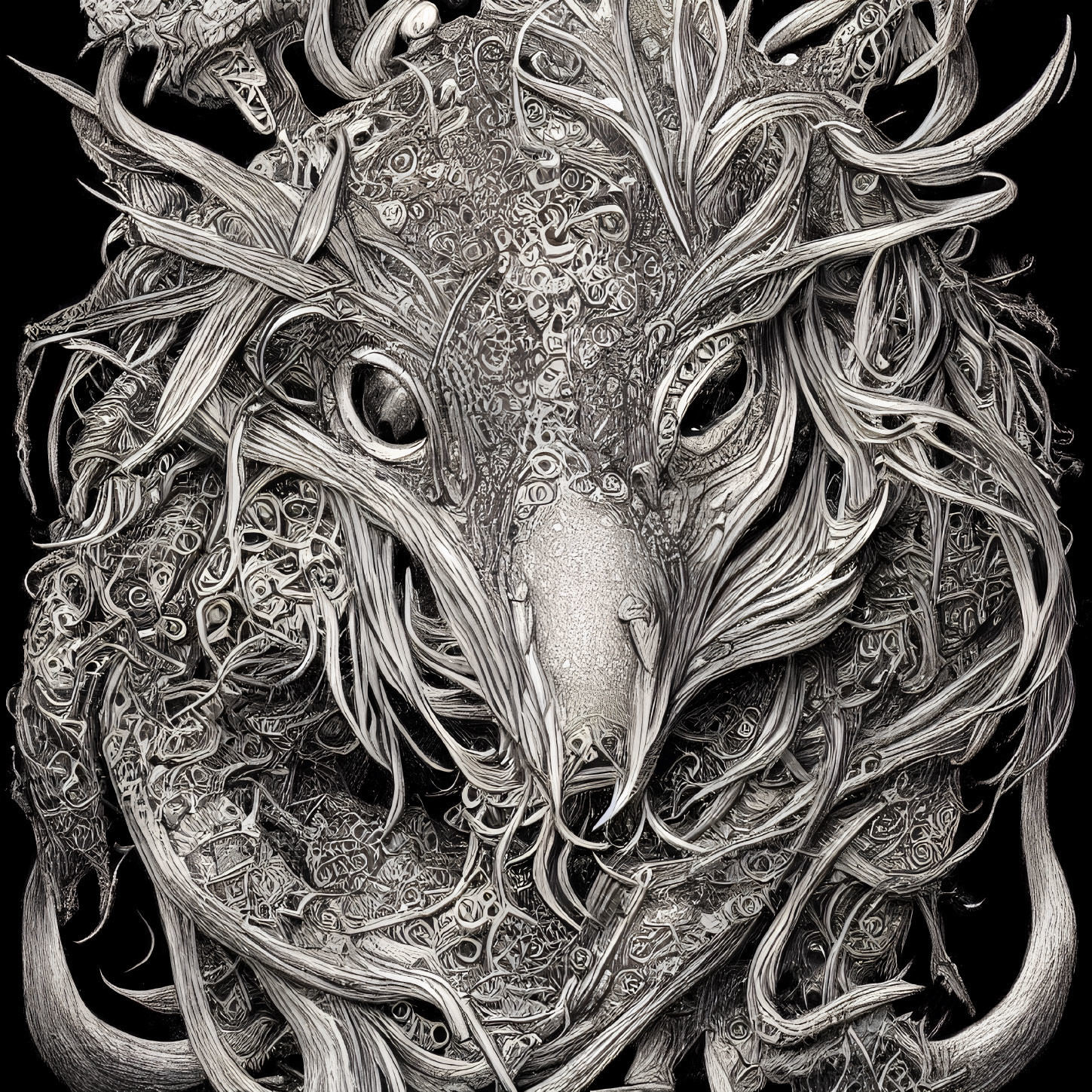 Detailed Black and White Illustration of Fantastical Creature with Ornate Antlers