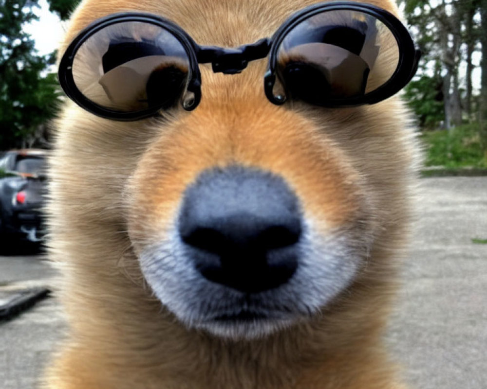 Close-up of Shiba Inu Dog in Round Sunglasses with Prominent Snout and Ears