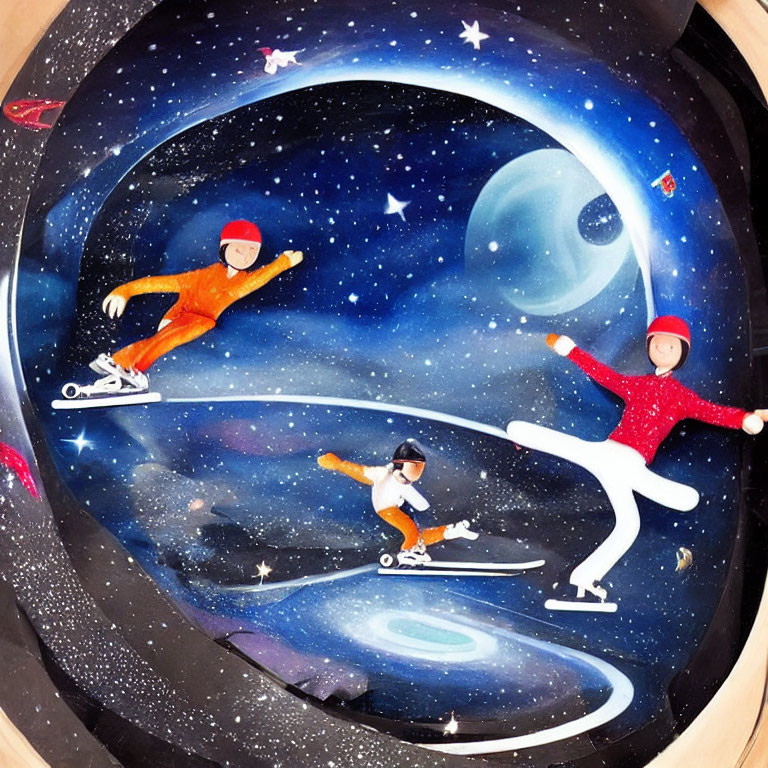 Three People Skateboarding in Cosmic Setting with Stars and Planet