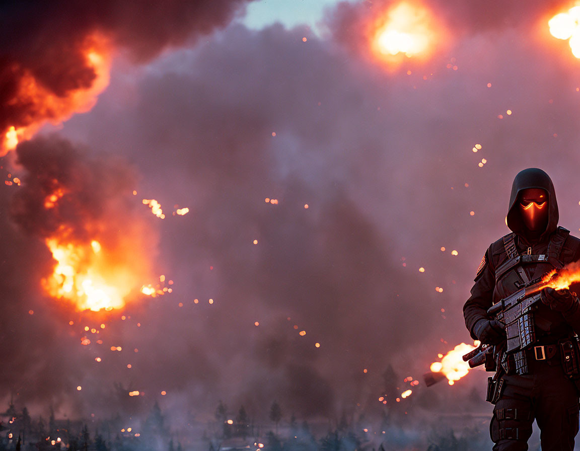 Masked Figure in Tactical Gear Amid Roaring Flames