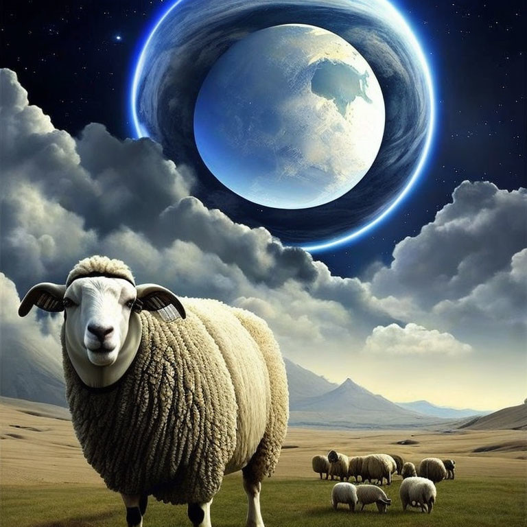 Surreal landscape with sheep, oversized glowing Earth, and starry sky