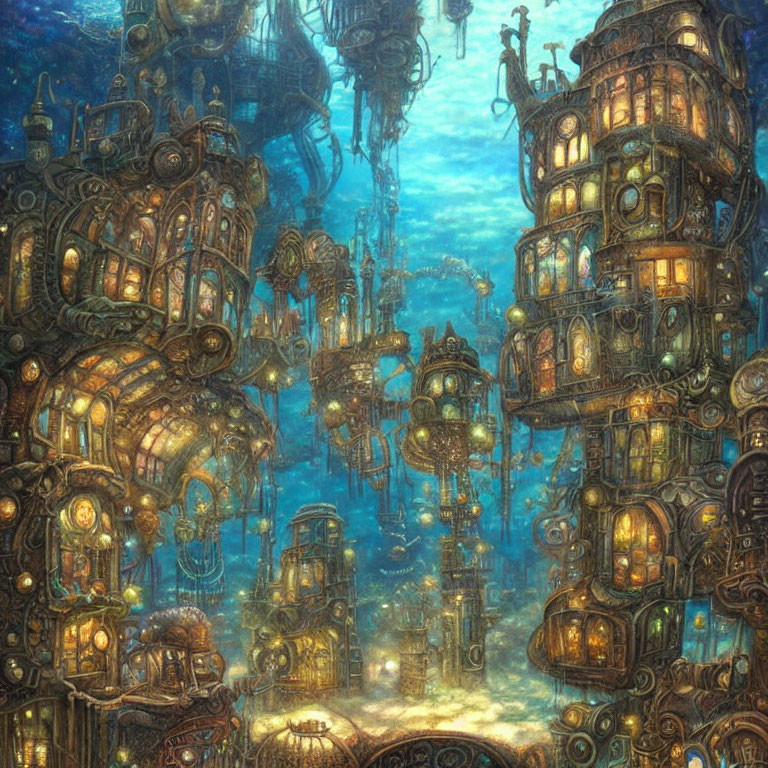 Fantastical underwater city with glowing buildings and suspended structures