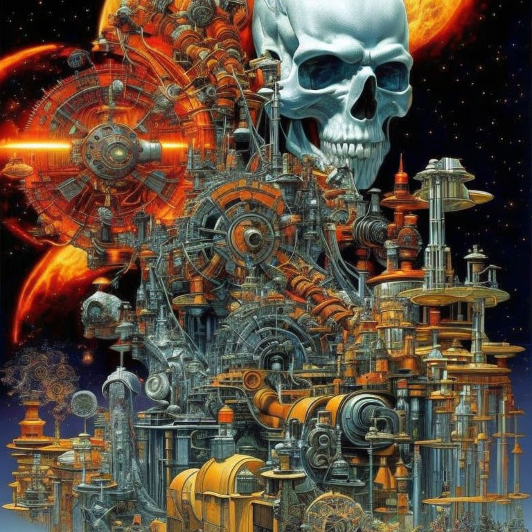 Surreal artwork: large skull in space with mechanical structure and celestial backdrop