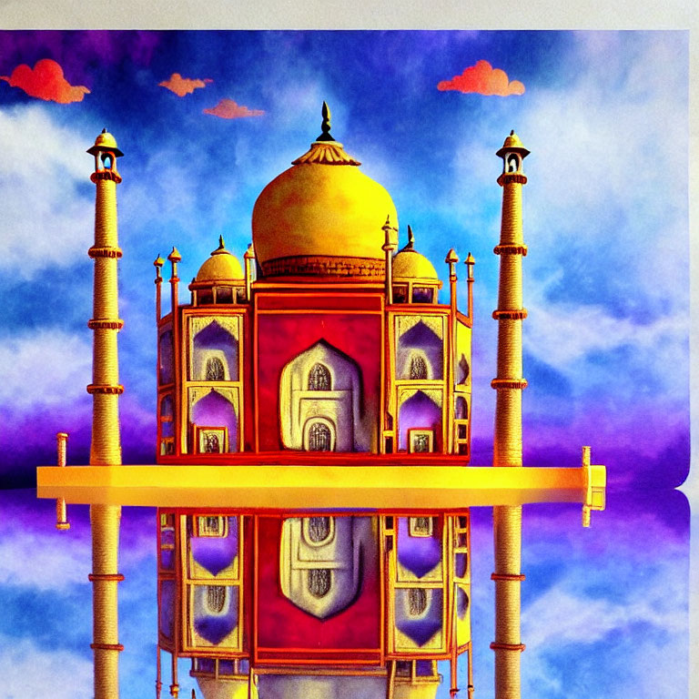 Vibrant surreal Taj Mahal-like structure against blue sky