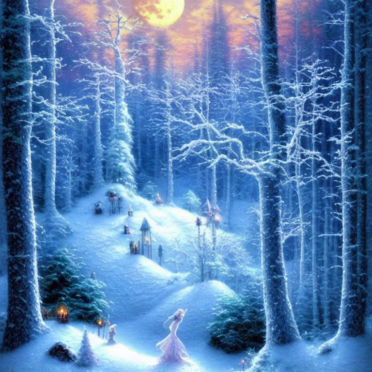 Snowy forest under full moon with person in white gown and lanterns on path