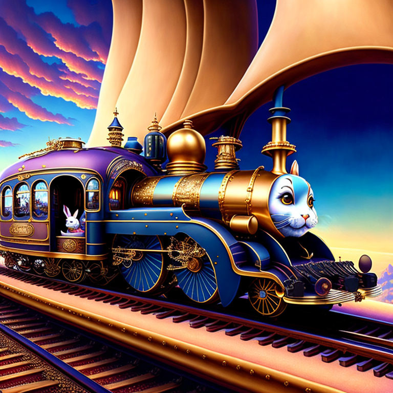 Fantastical Train with Cat's Face and Rabbit under Vivid Sky