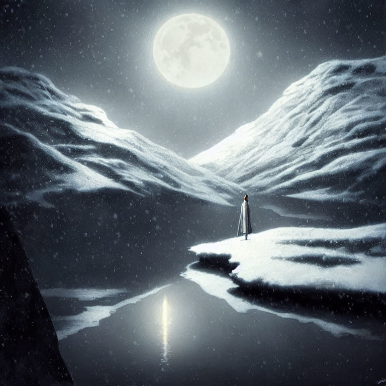 Solitary figure by reflective water under full moon in snowy mountains