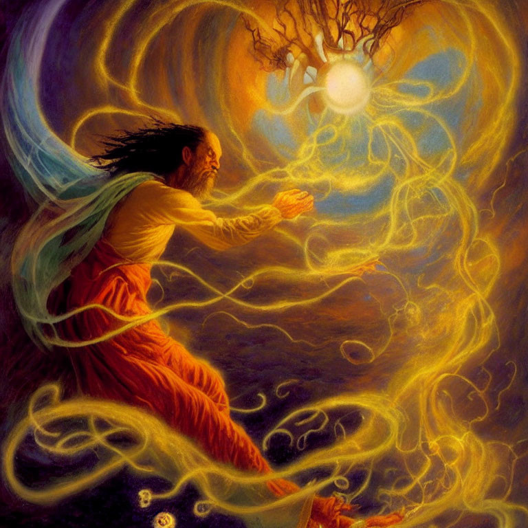 Mystical painting of floating figure with swirling light and radiant tree