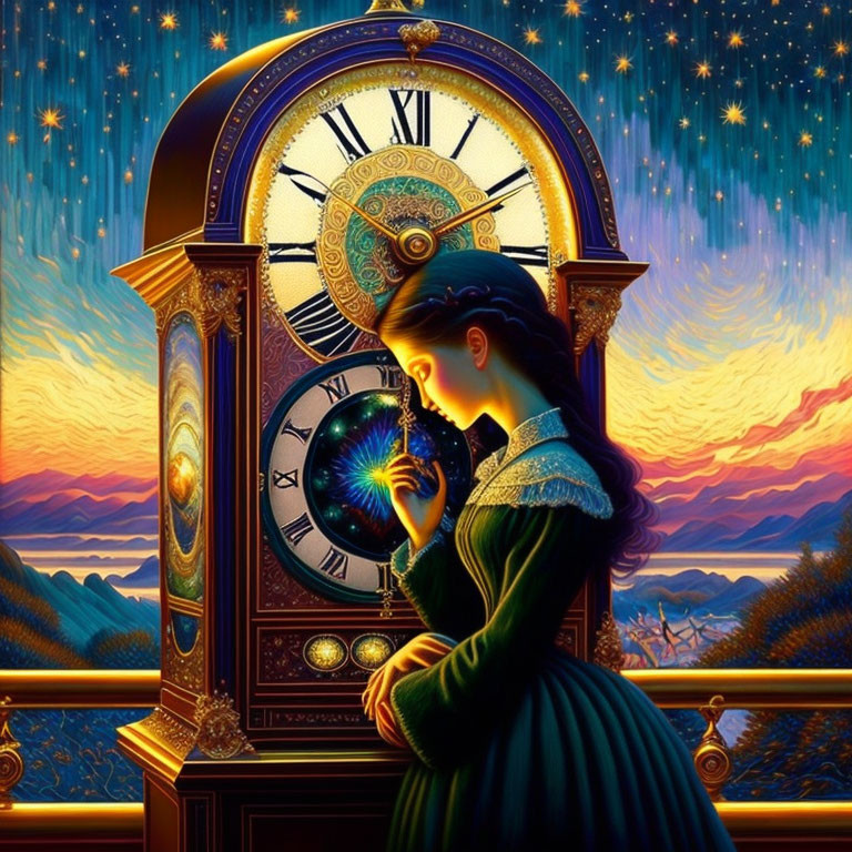 Woman in green dress gazes at cosmic swirl in front of ornate clock
