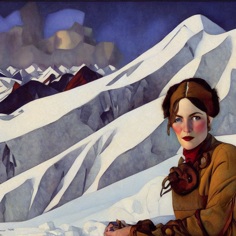 Vintage Illustration: Woman with Headband and Rosy Cheeks in Snow-Capped Mountains