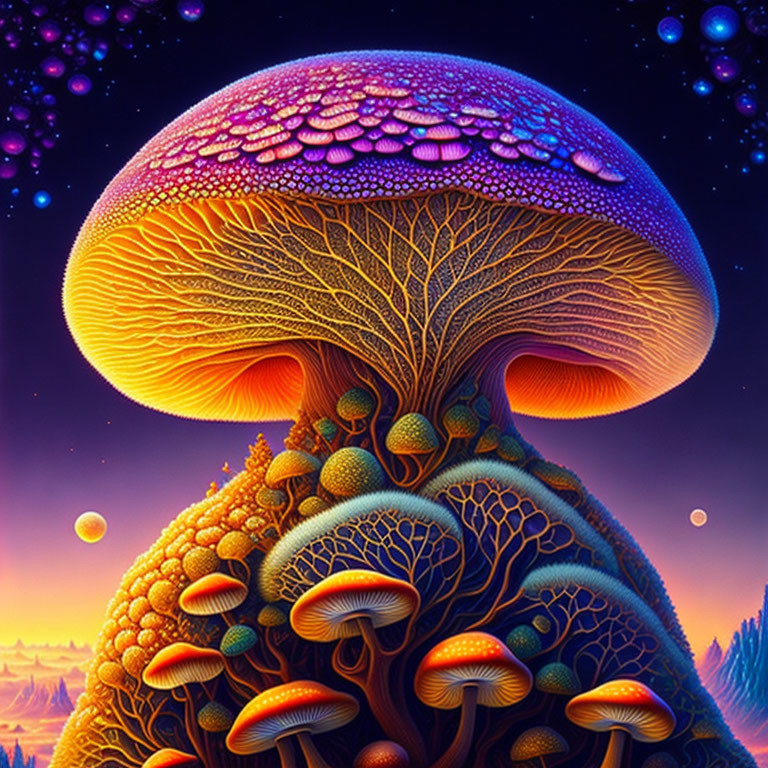 Colorful surreal mushroom illustration under starry sky