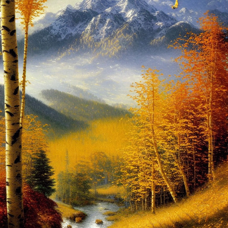 Scenic Autumn Landscape with Yellow-Orange Trees, River, and Snow-Capped Mountains