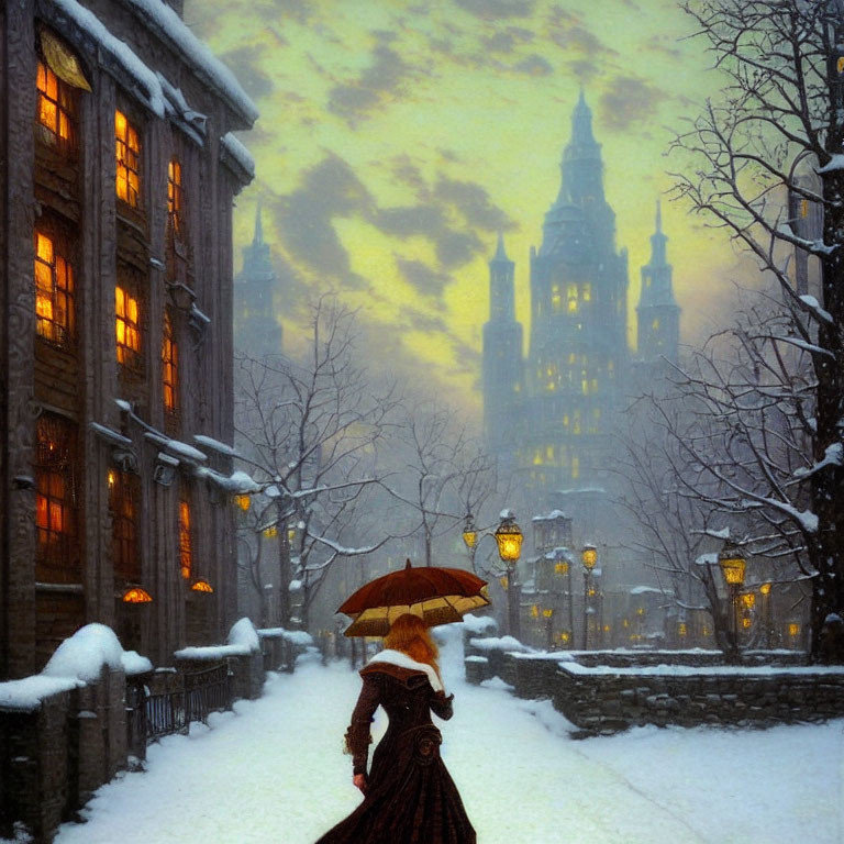 Person in vintage clothing walks snowy street with lantern at dusk