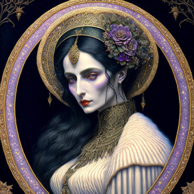 Portrait of mystical woman with pale skin, long black hair, violet eye makeup, golden headdress,