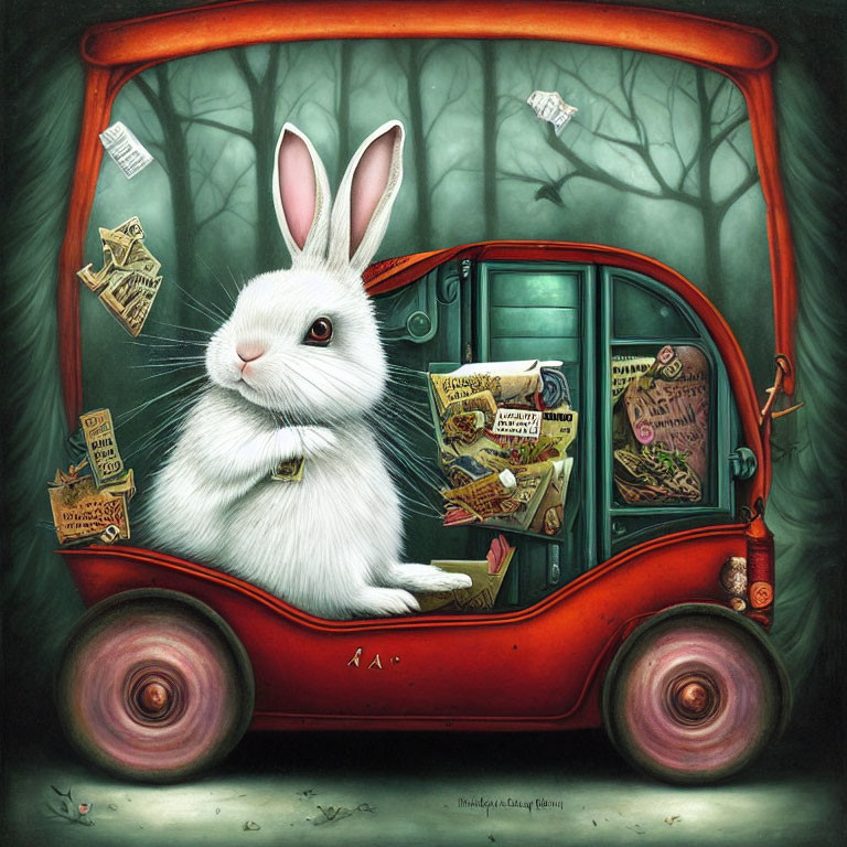 Whimsical white rabbit driving red car in enchanted forest