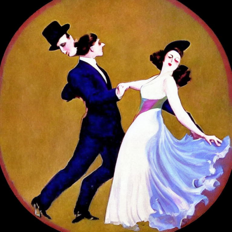 Vintage illustration of elegantly dancing couple in suit and dress