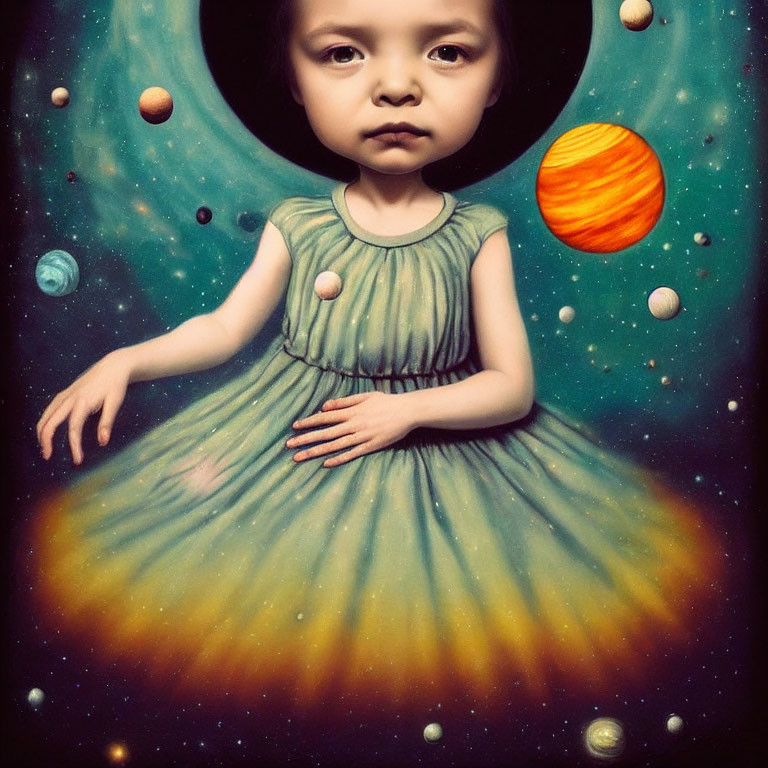 Child's surreal portrait with cosmos-themed dress and orbiting planets on starry space backdrop