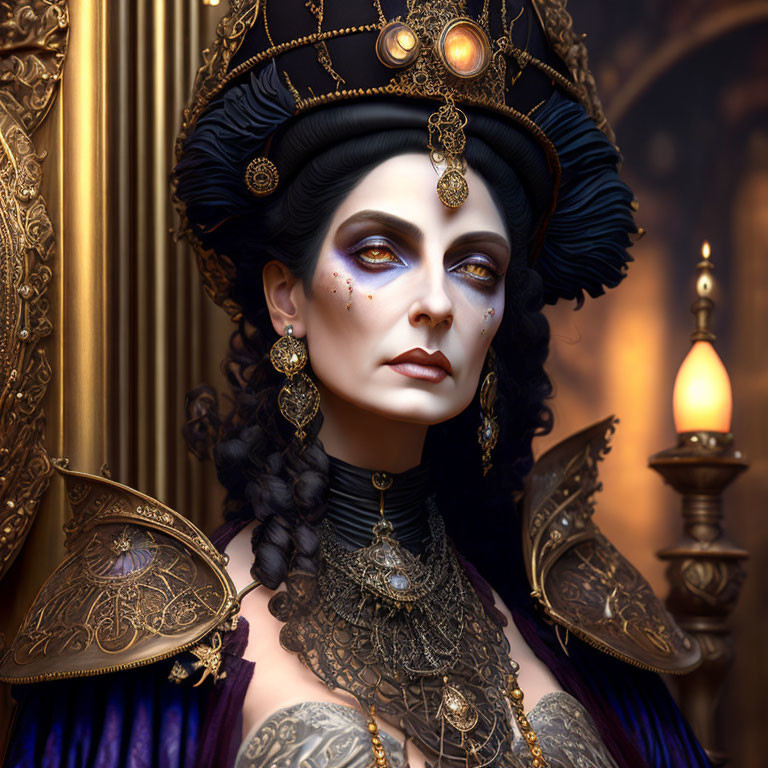 Elaborate gold headdress and ornate jewelry on regal woman