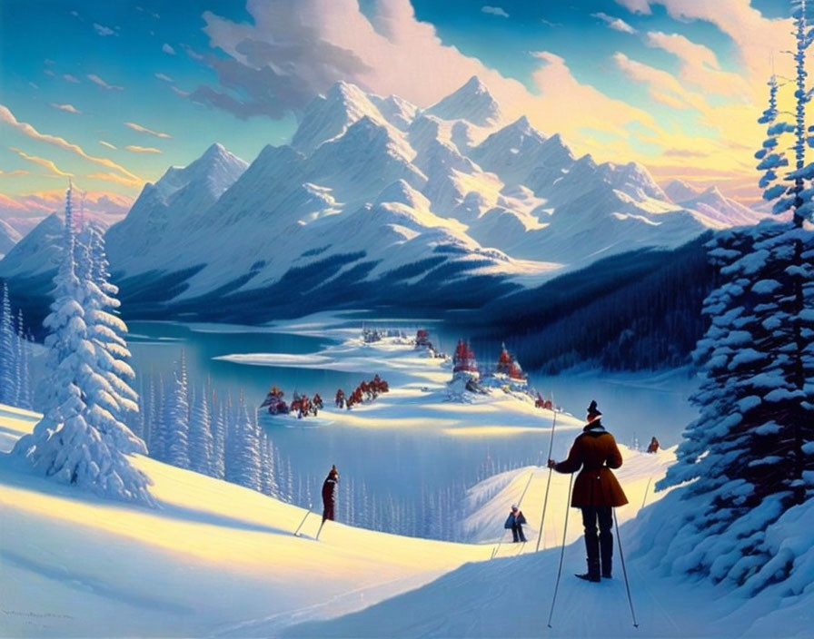 Snowy winter landscape with skiers, frozen lake, and mountains