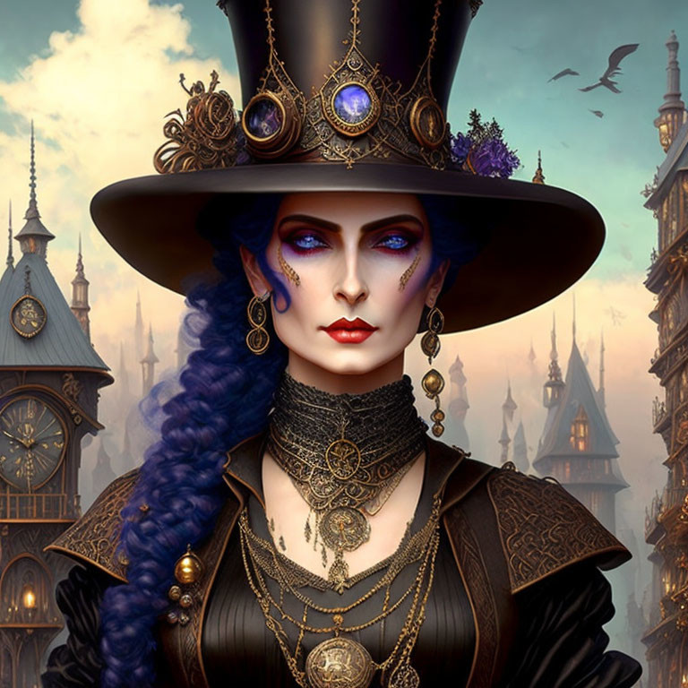 Victorian gothic woman in ornate attire against ominous cityscape