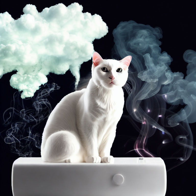 White Cat Sitting on Ledge Surrounded by Blue Smoke Swirls