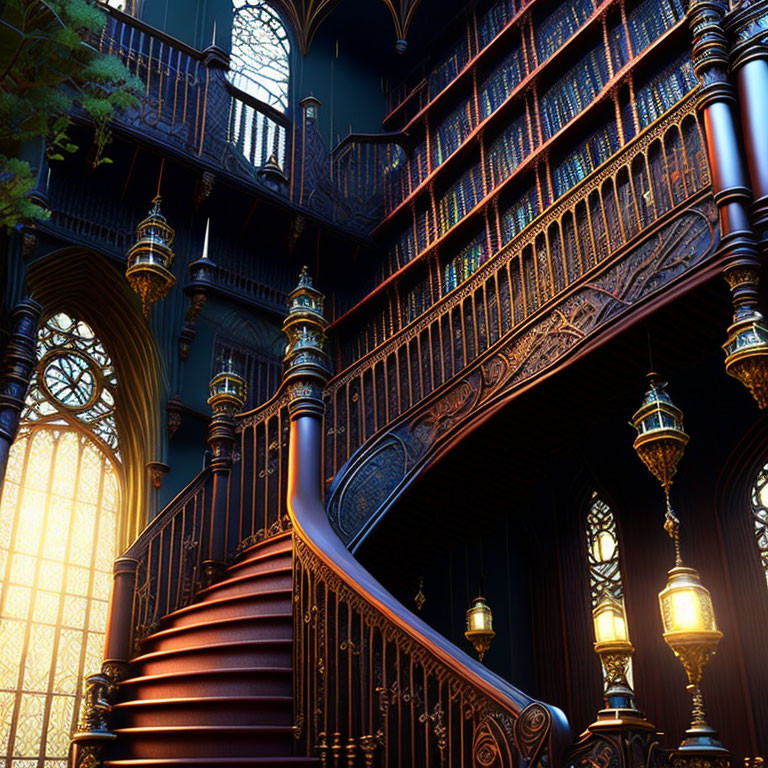 Intricate Carved Wooden Staircase in Grand Gothic Library